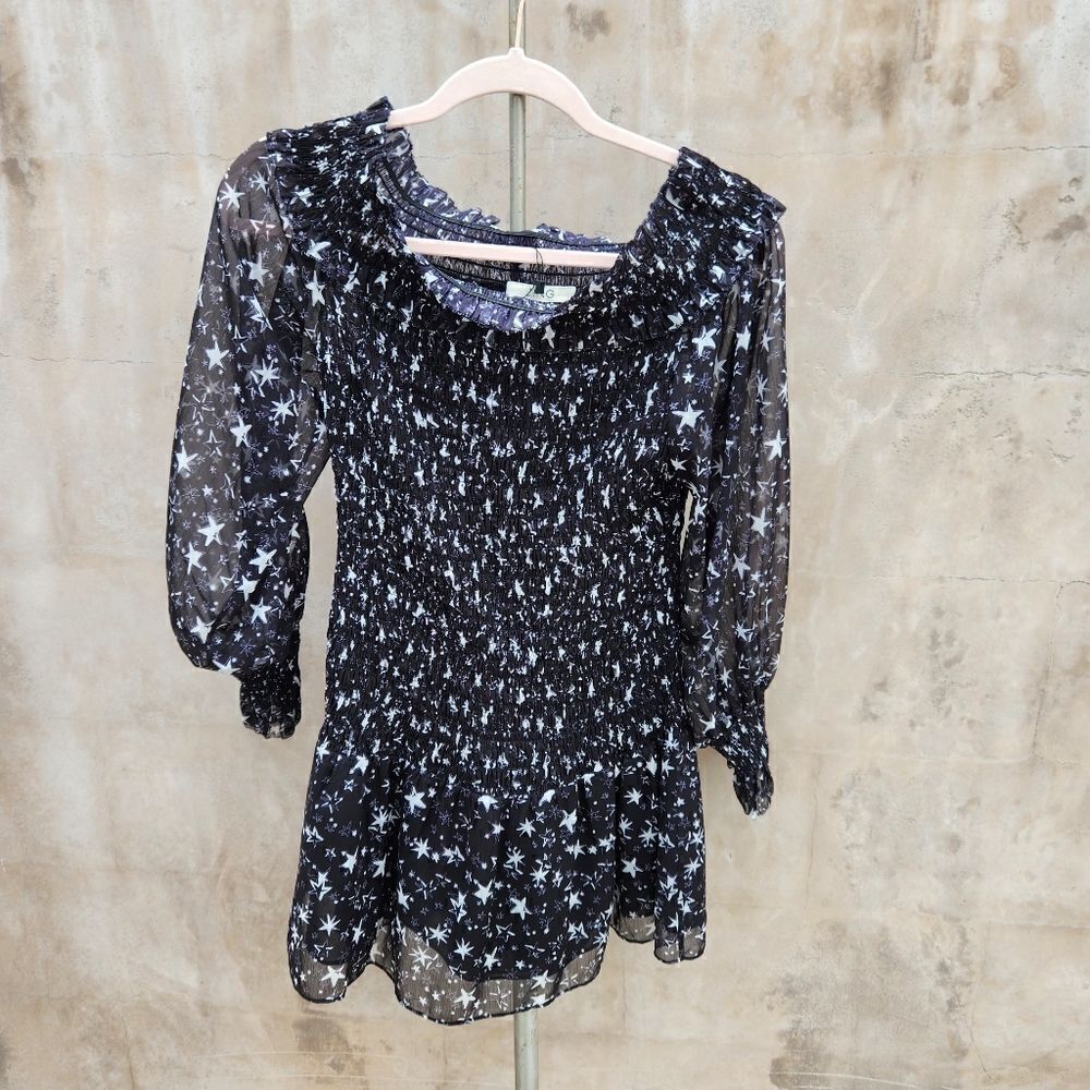 Jing shirred puff sleeve mini dress galaxy star print